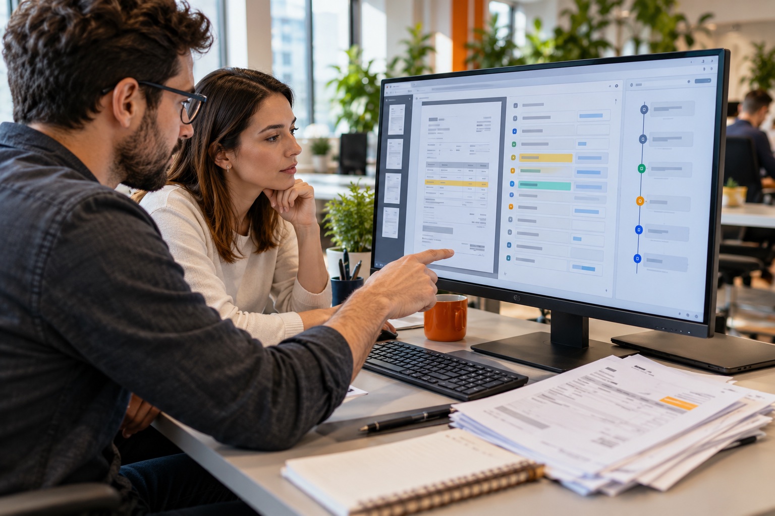 Illustrative view of specialists reviewing a document workflow on screen
