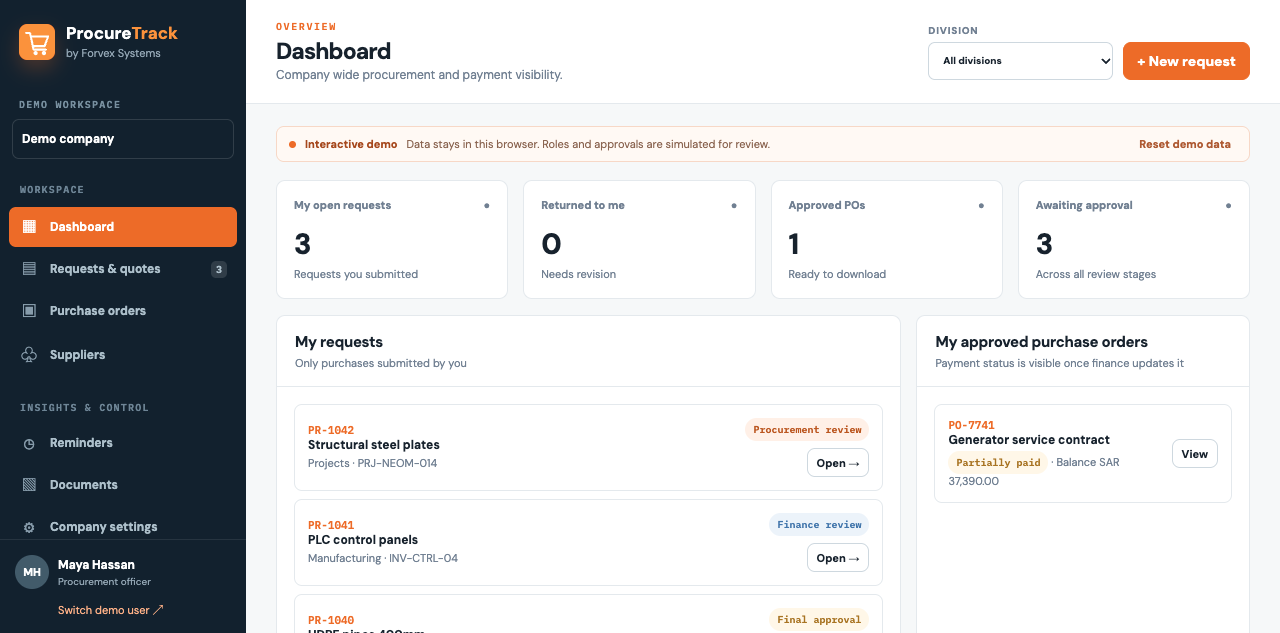ProcureTrack example workspace showing purchase requests and approval stages