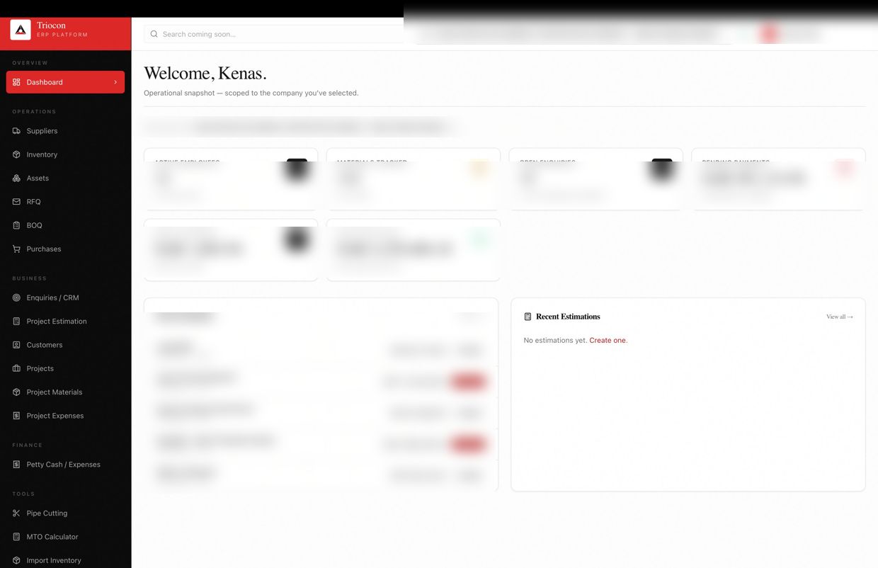 Triocon ERP dashboard with sensitive business data obscured